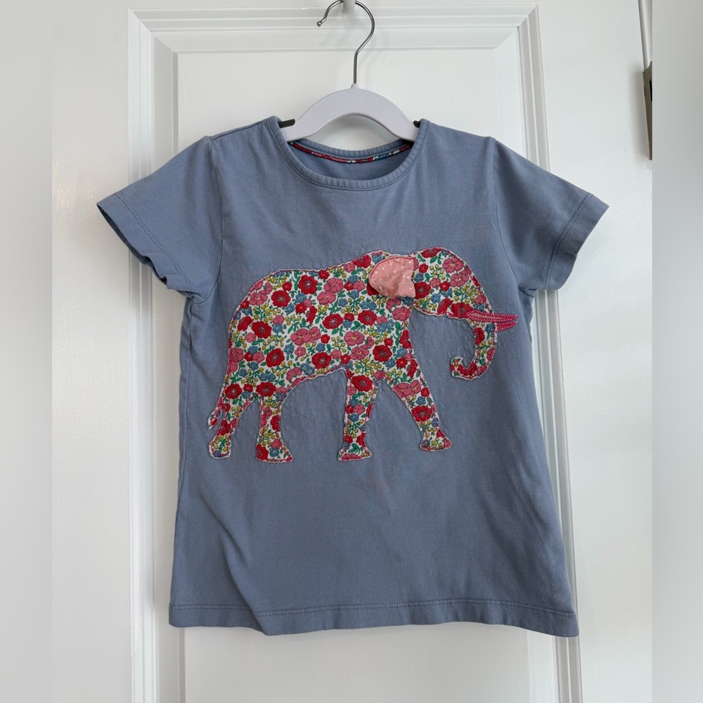 Mini Boden Girls Elephant Floral Appliqué Short Sleeve Tee Blue Size 6-7Y